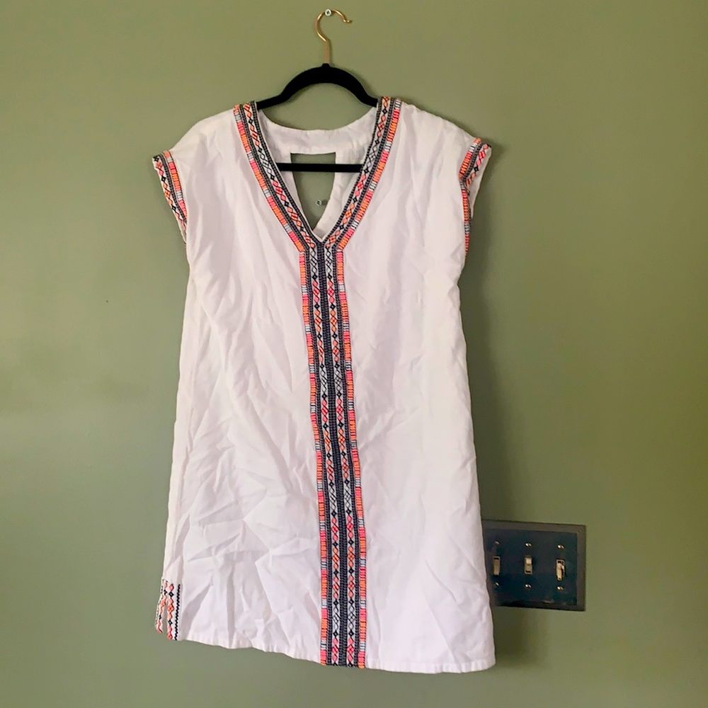 White Summer Dress with Blue and Pink Trim